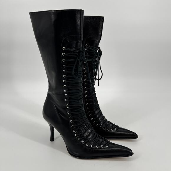 Exit Boots Tall Lace Up Pointed Toe Women EU 37 US 6.5 High Heel Black Leather - Picture 1 of 13